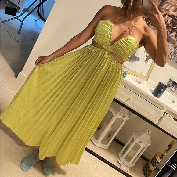 Pink Cut Out Ruched Halter neck pleated Satin midi Dress- straps can criss cross - Picture 14 of 14